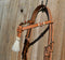 5/8" Futurity / Cross-Over Browband Headstall with white horse hair tassels and natural/brown rawhide buttons.     Made from two-ply and stitched russet leather with removable stainless steel buckles that are adjustable on both sides and Chicago screw ends.
