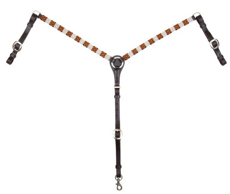 Stock Photo:  Circle Y of Yoakum - 1" Dark Oil Leather Breast Collar with Infinity Wrap Beading in a bright white, brown, gold and red southwest diamond pattern.  Stainless steel hardware.   12" adjustable tugs.