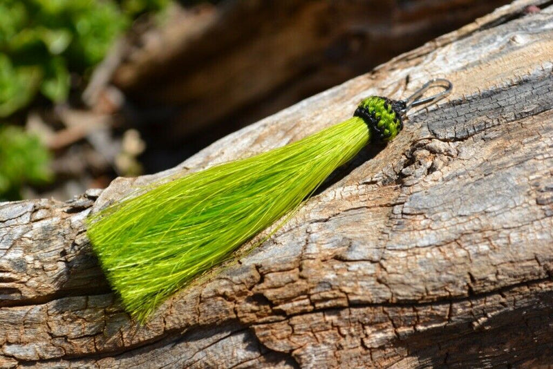 Lime Green - Brand new, 3" total length natural horsehair zipper pull with spring clip.  Handmade and hand colored from 100% natural mane horsehair.  Small spring clip is simple to attach to your zippers on your jacket, handbag, backpack or anywhere! 