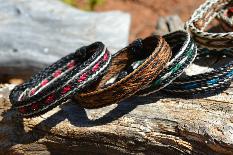 Close Up View Varoius Colors Awesome 5/8" wide, 5 Strand Braided Horsehair Bracelet with sliding knot. 