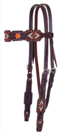 Circle Y of Yoakum - 5/8" Dark Chocolate Rough Out Leather Browband Headstall with Inlaid Southwest Diamond Beading in burgundy, white and turquoise.  Antiqued copper conchos and spots with hand painted metallic copper flowers.  Stainless steel hardware.   Horse size.