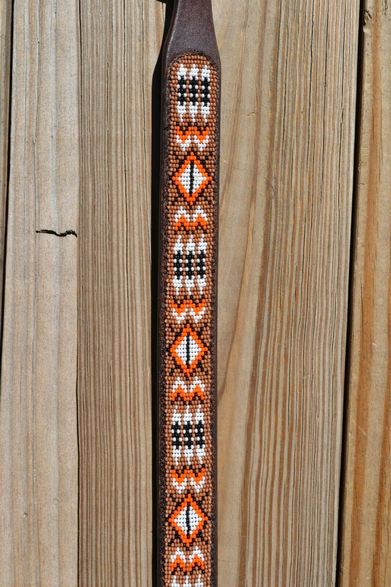 Close Up View Beading. Cashel Breast Collar Wither Strap Beaded Feather - Tan / White / Orange