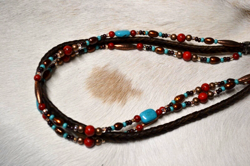 "Charma" Hatband - Brown Horse Hair & Leather, Turq/Red Stones & Copper Pearls