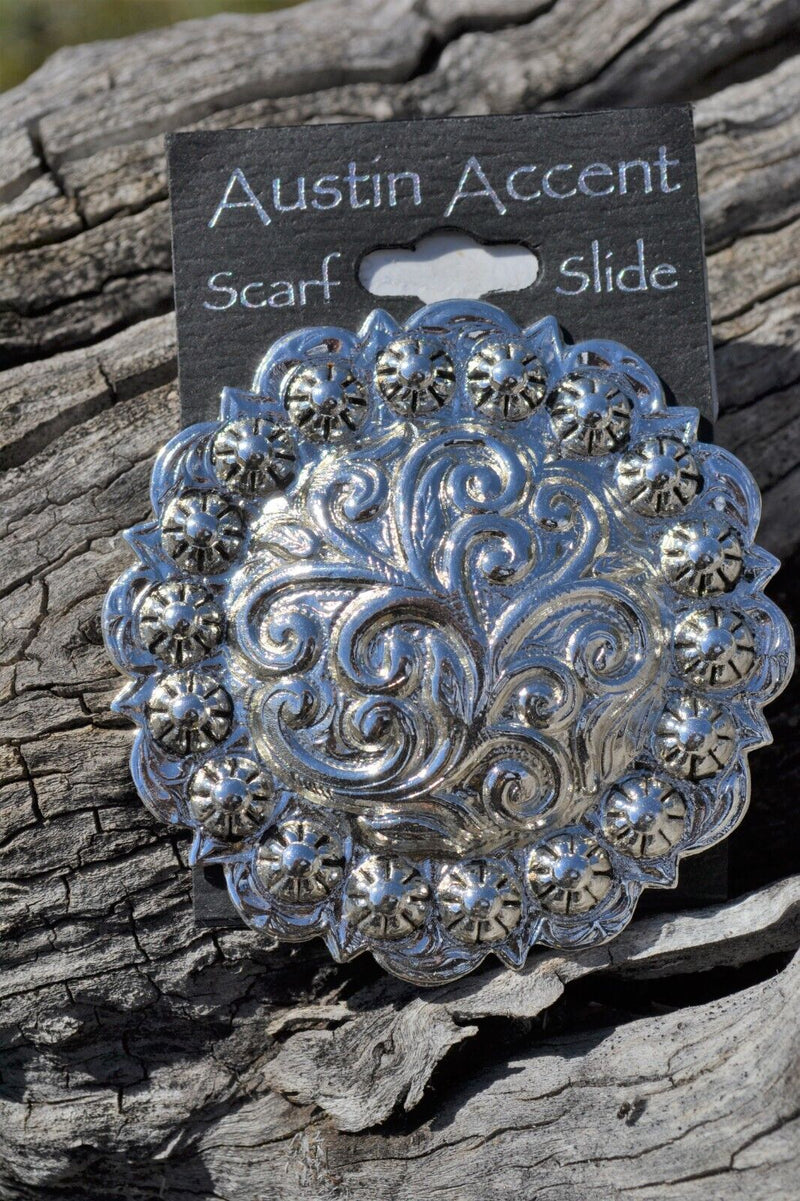 Scarf Slide - 2 1/2" Silver Tone Berry Concho w/Loop Back
