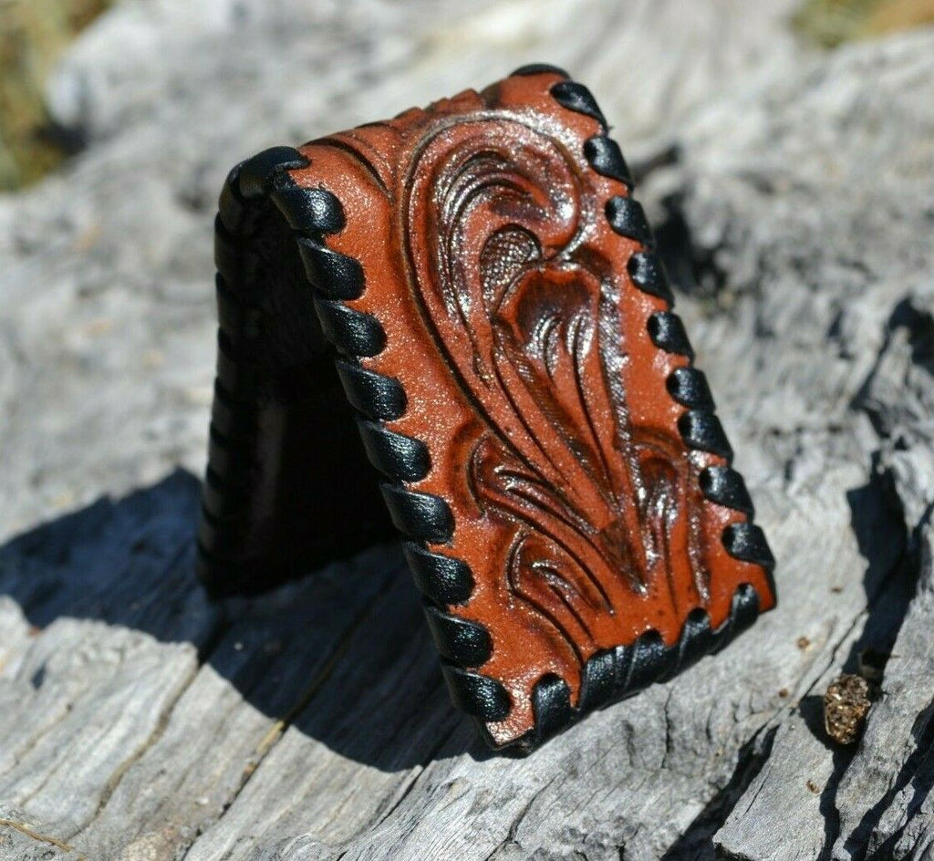 Western Hand Carved Leather Magnetic Money Clip with Leather Lacing