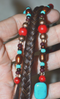 "Charma" Hatband - Brown Horse Hair & Leather, Turq/Red Stones & Copper Pearls