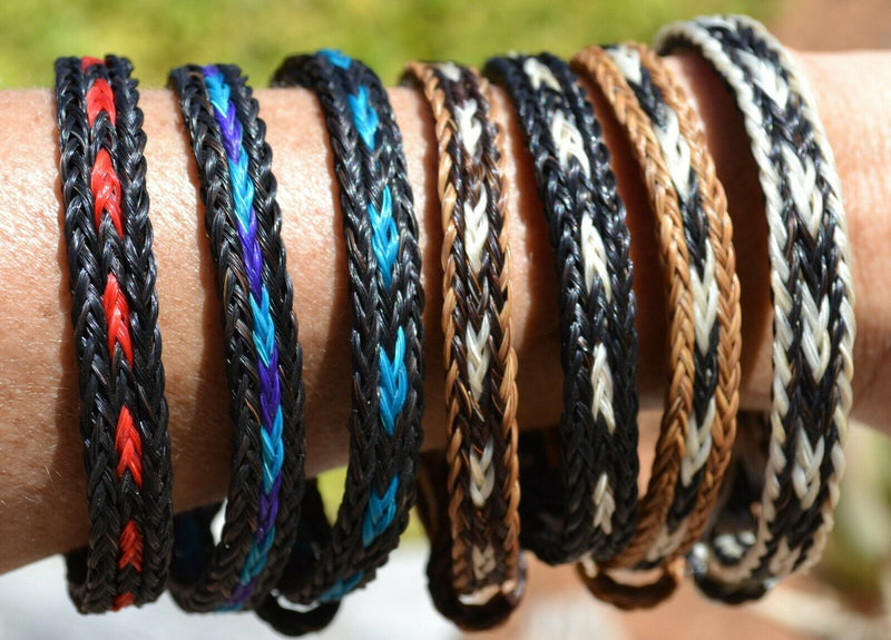 Awesome 1/2" wide, 3 Strand Braided Horsehair Bracelet with sliding knot.  The unique sliding knot XL design expands up to 10".  Unisex.  Very durable and makes a great gift for any horse lover.Various Colors Available.