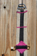 Close Up View Brand new,  Jose Ortiz - Vaquero Brand - 100% Mohair Cinch/Cincha made in the Vaquero style.    This narrower cinch is 34" long end to end, single layer 16 strands and 4 1/2" wide at the widest point.  Hand made from 100% natural mohair in natural, black and raspberry pink colors.   
