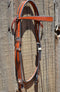 Right Side View Classic Straight Flared Browband Headstall.  Constructed of warm two-ply and stitched medium russet oil bridle leather with basket weave tooling on the flared cowboy cheek pieces.  
