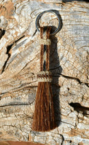 Close Up View 3/8" wide, 3 Strand Braided Horsehair Key Chain. This shorter style is 5 1/2" including the key ring.    Sorrel/Black/White/Sorrel