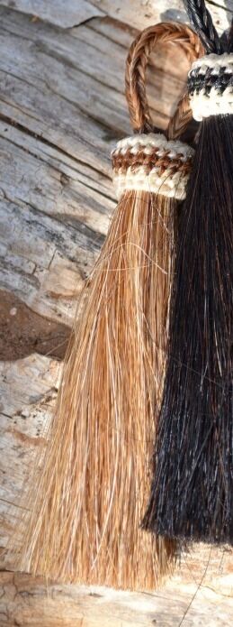 Close Up View 3" - 4 1/2" total length natural horsehair tassels. Handmade with 1 1/2" braided horsehair knot loop.     Sorrel