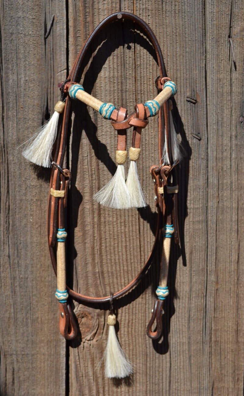 Jose Ortiz Finished Harness Browband Headstall Natural/Turquoise Rawhide - White