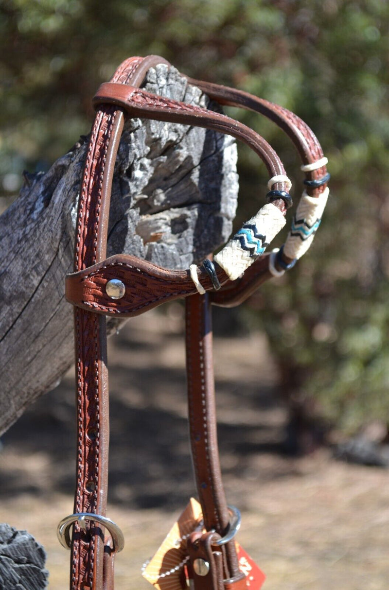 Jose Ortiz Medium Oil Double Ear Headstall Natural & Turquoise Rawhide Braiding
