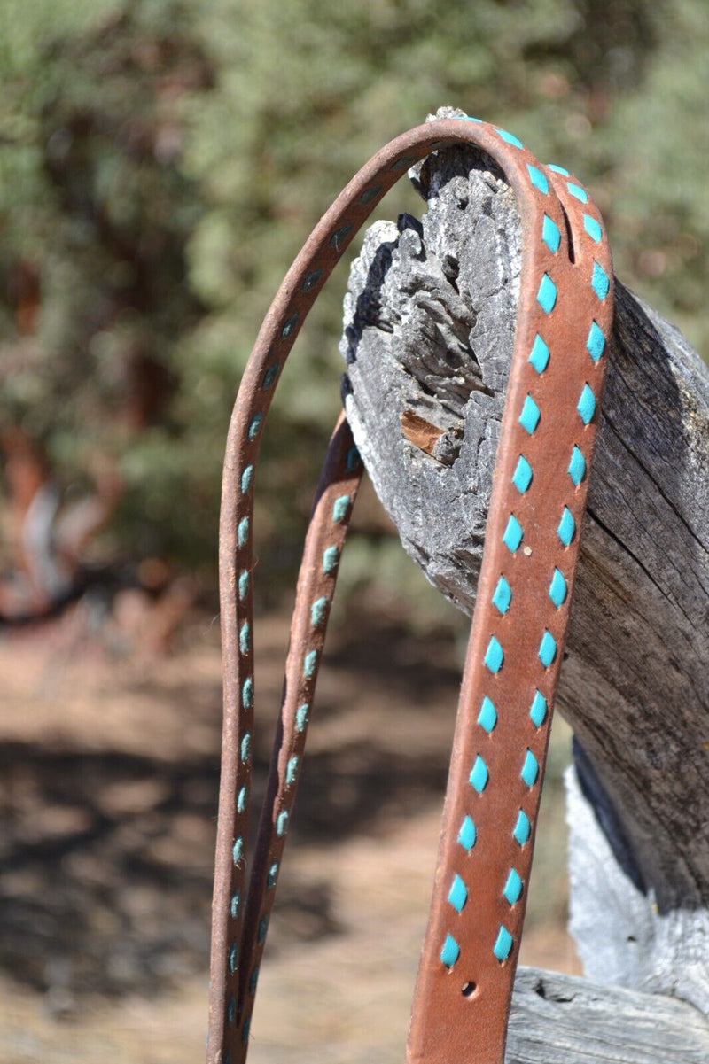 Jose Ortiz 1" Harness Split Ear Headstall Teal Buckstitch  - Square Buckle
