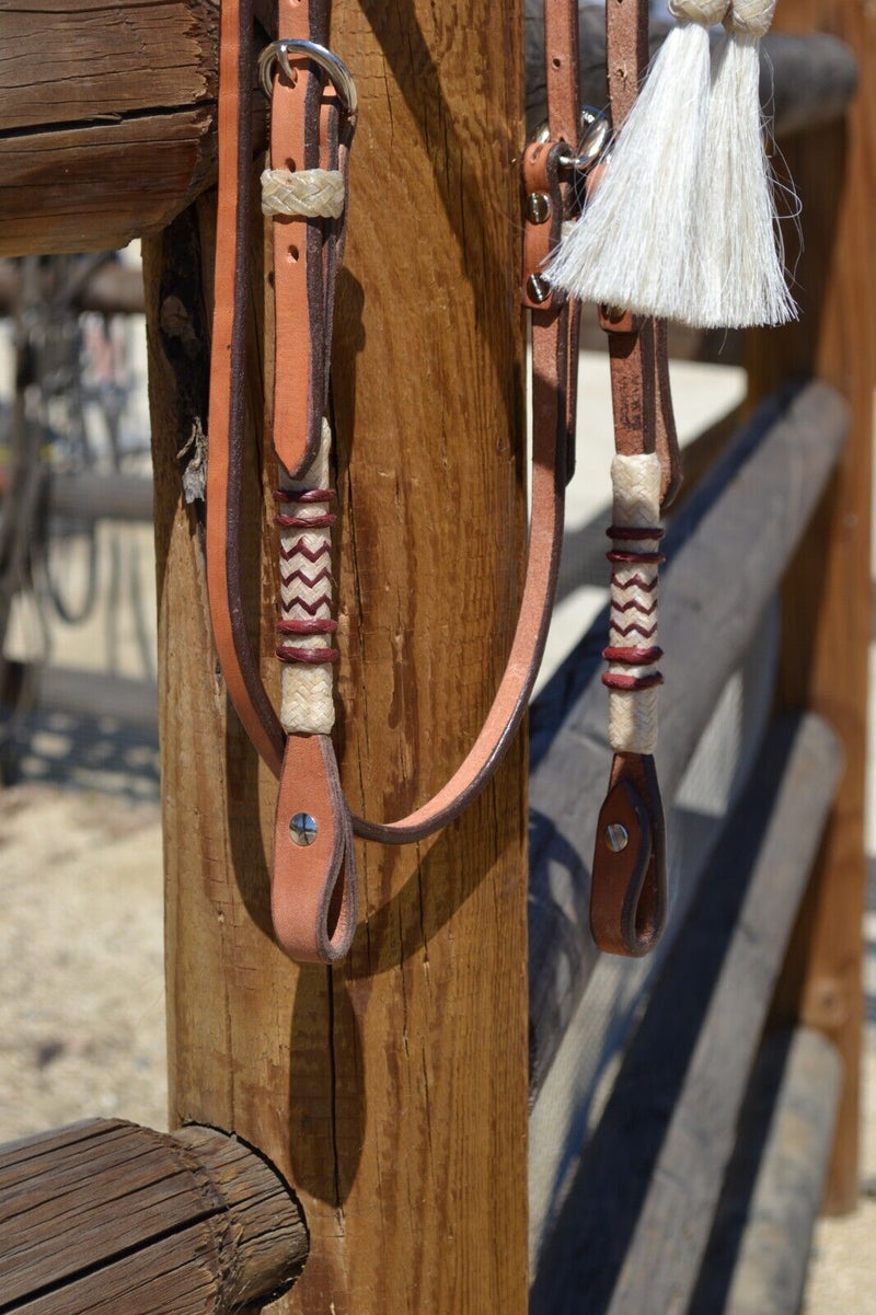 Jose Ortiz Finished Harness Browband Headstall Natural/Latigo Rawhide - White