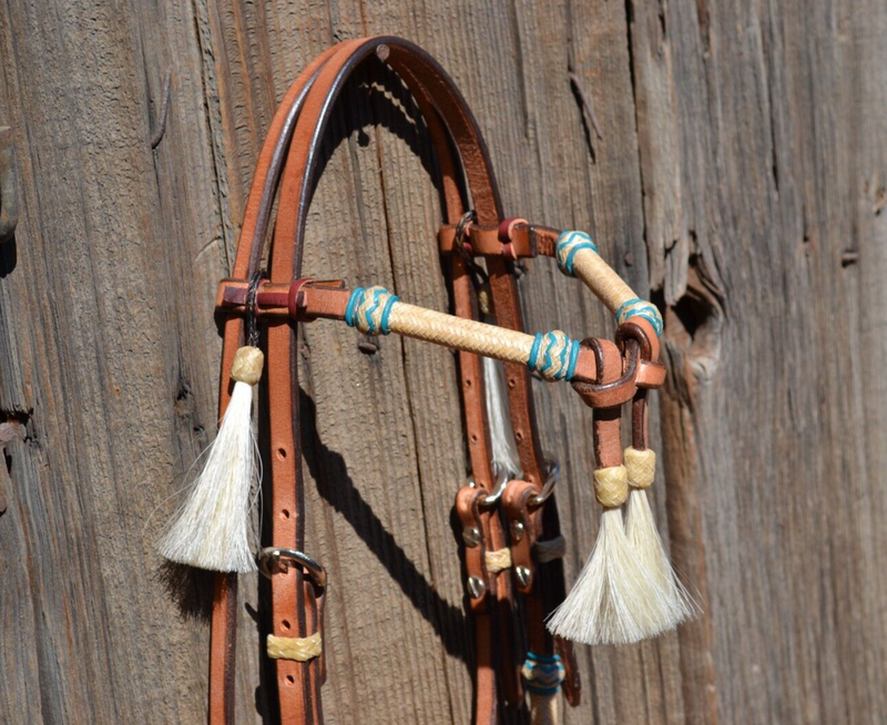 Jose Ortiz Finished Harness Browband Headstall Natural/Turquoise Rawhide - White
