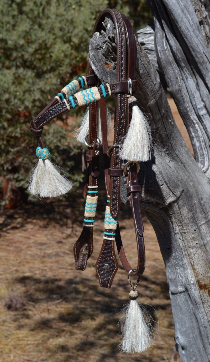 Jose Ortiz Dark Oil Futurity Brow Headstall Natural/Turquoise Rawhide - White