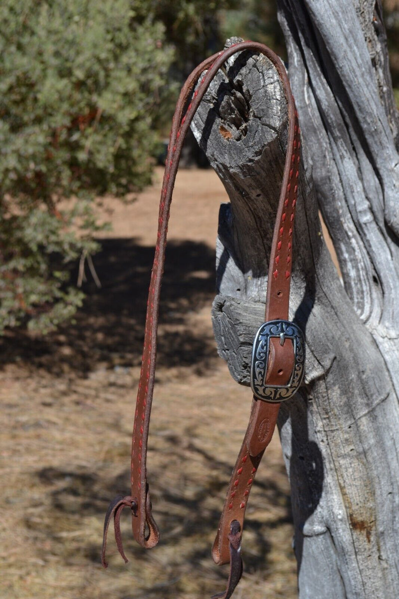 Jose Ortiz 1" Harness Split Ear Headstall Red Buckstitch  - Round Buckle