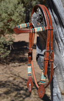 Jose Ortiz Medium Oil Shape Brow Headstall Natural/Turquoise Rawhide