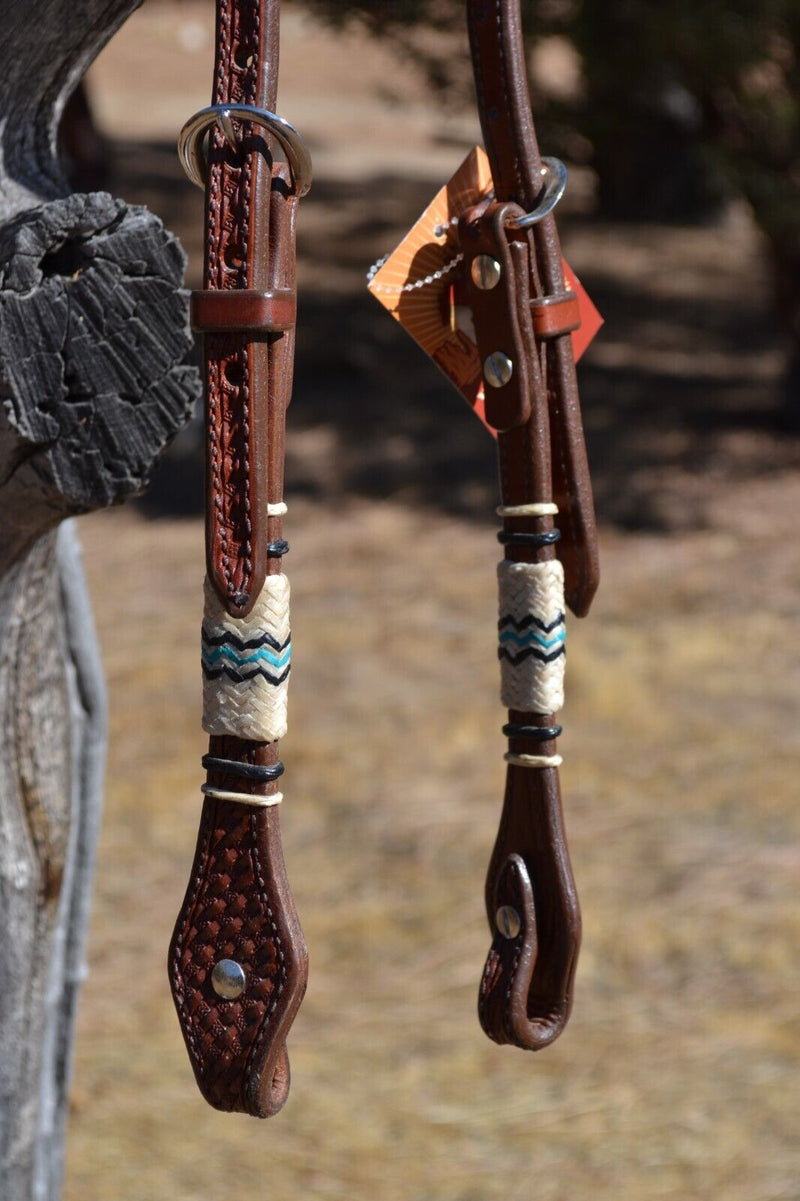 Jose Ortiz Medium Oil Double Ear Headstall Natural & Turquoise Rawhide Braiding