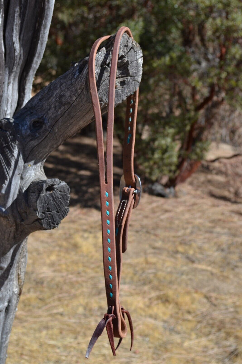 Jose Ortiz 3/4" Harness Split Ear Headstall Turquoise Buckstitch  - Round Buckle