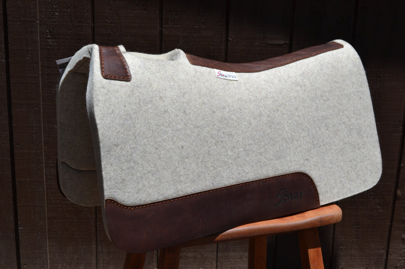 5 star saddle pad in natural felt and brown leather wear leathers.  