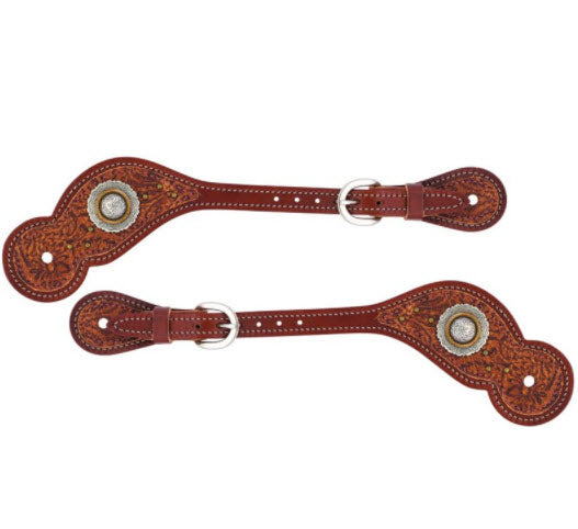 Western Edge Collection Spurs Straps - Stylish detail and floral embossed leather overlays and adorned with antique brass spots and rope accented conchos.  Men's.