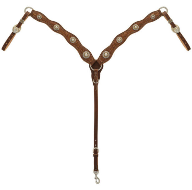 Western Edge Collection Breast Collar - Stylish detail and floral embossed leather overlays and adorned with antique brass spots and rope accented conchos.
