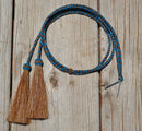 Close Up View natural horse hair stampede string with cotter pin attachments. Chestnut/Turquoise/Chestnut