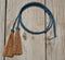 Close Up View natural horse hair stampede string with cotter pin attachments. Chestnut/Turquoise/Chestnut