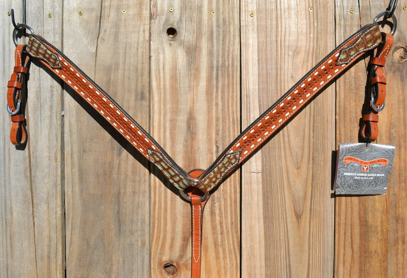 Circle Y of Yoakum - Shaped 3-Piece Breast Collar with Tan/Turquoise Faux Gator and white buckstiching and Tooling.    Stainless steel hardware.   Regular oil.  12" adjustable tugs.  Horse size. 