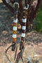 Circle Y of Yoakum - Unique Infinity Wrap One Ear Headstall with brown, red, yellow and white. Dark oil leather and replaceable buckles.  Ties at bit ends.