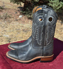 Side View Boulet Men's Western Cowboy Boots, Square Toe, Stockman Heel, Rubber Sole.  Charcoal grey color with multi-color stitching and distressed grey leather foot.   11" High, Men's Size - 8 E. 
