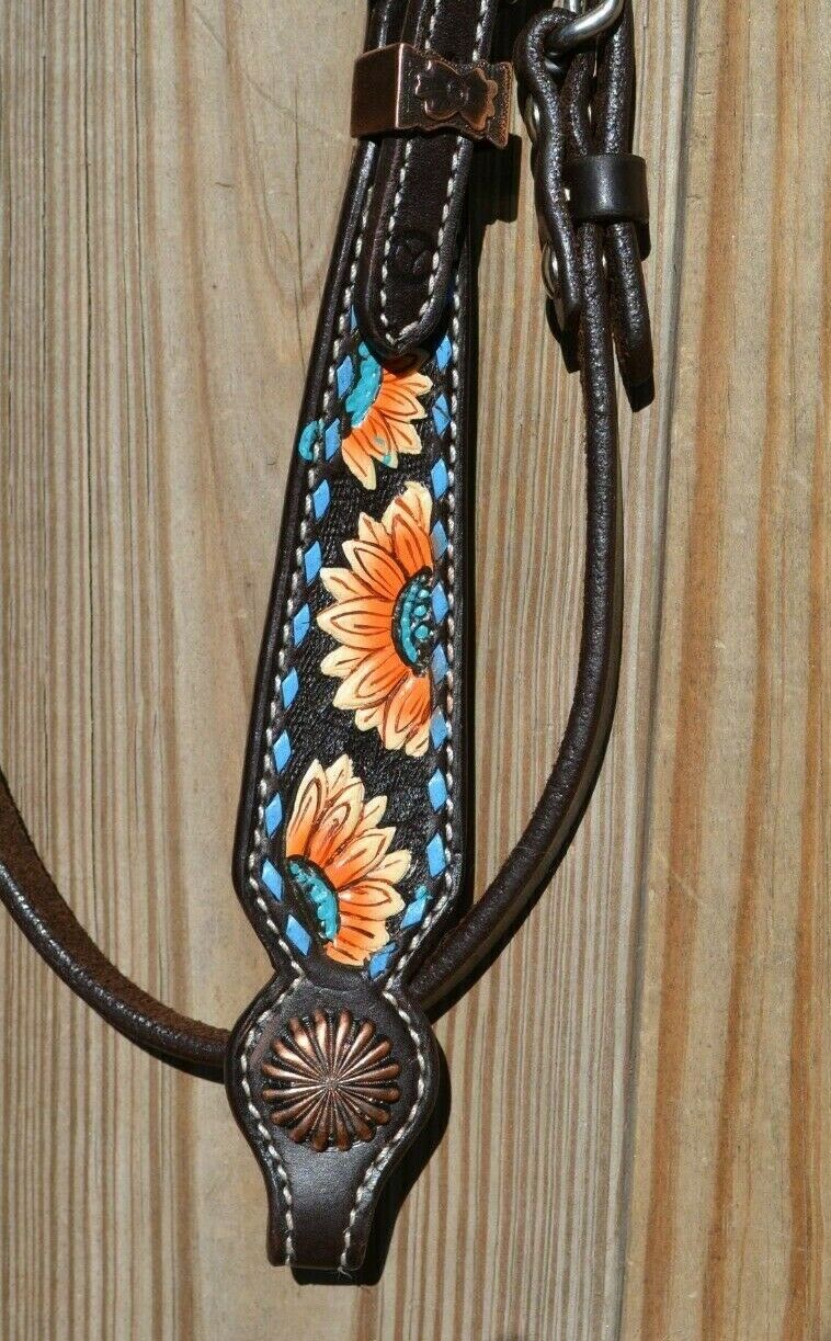 Close Up View Bit end. Circle Y Hand Painted Sunflower Buckstitch Browband Headstall - Concho Ends