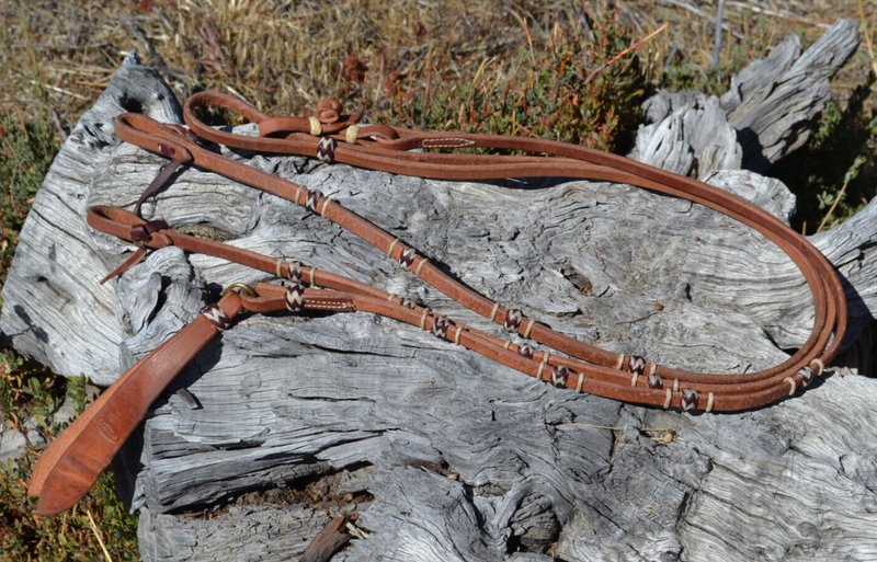 Jose Ortiz 1/2 Flat Harness Romel Reins 4 Braided Rawhide Knots - Natural/Latigo