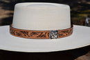 1" Western Floral Carved Leather Hat Band Square Tip Buckle - Light Russet