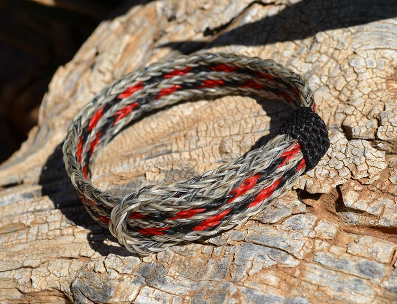 Close Up View Awesome 5/8" wide, 5 Strand Braided Horsehair Bracelet with sliding knot. Grey/Red/Black