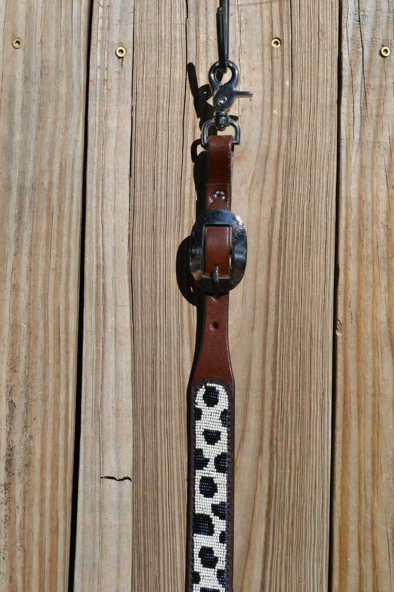 Close UP View sissor snap ends. Cashel Breast Collar Wither Strap Beaded - Grey Metallic Cheetah