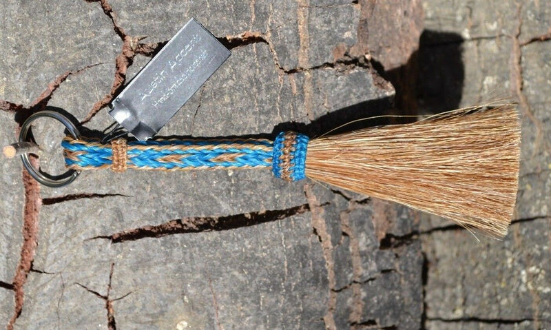 Close Up View Awesome 3/8" wide, 3 Strand Braided Horsehair Key Chain. Full length is 7" including the key ring.   Sorrel/Turquoise/Sorrel
