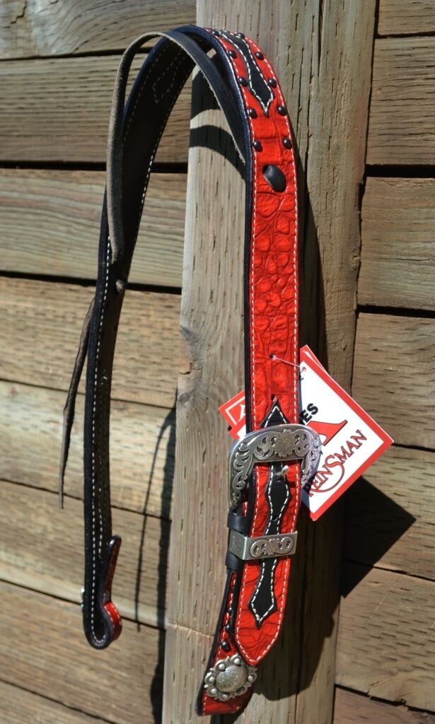 Reinsman's Neon Rodeo Gator Set Ear Headstall with Antiqued Conchos.    Vibrant red gator over premium black leather headstall, doubled and stitched for enhanced durability. 