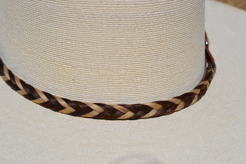 1/2" Hand Braided Horsehair Hatband with Leather and Buckle - Brown/White