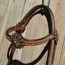 Close Up View  Browband. Circle Y 5/8" XP Iron Spur Browband Headstall Stainless Spots Antiqued Conchos