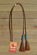  Close Up View natural horse hair Stampede String with beads and horse hair tassels and cotter pin attachments.    Chestnut-SilverRB/Turquoise/SilverRB