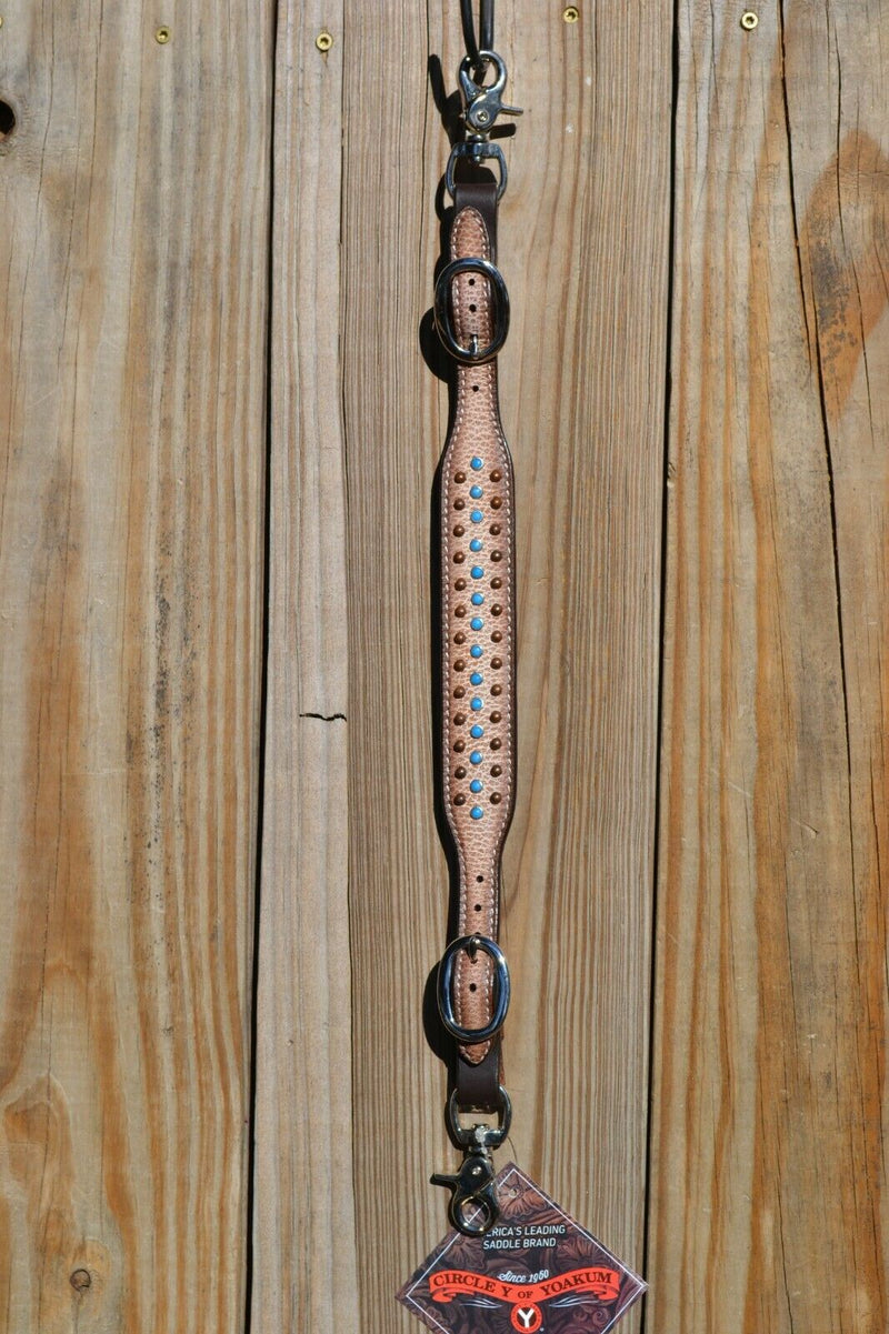 Circle Y of Yoakum -  Desert Racer Breast Collar Tie-up Wither Strap.   1 1/2" wither strap had textured cream colored leather with turquoise and antiqued colored spots.   Stainless steel buckles are adjustable on both sides.