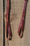 Close Up View Beautiful single-ply 1/2" latigo self-tie bosal hanger.    Works great as a noseband hanger too.    Traditional style - self-tie with no bulky metal hardware.  Latigo color may vary from light to dark burgundy.  