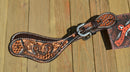 Circle Y of Yoakum - Dark Oil Shaped Spur Straps Filigree with Tan Inlay.  Basket tooled with an antiqued wash finish.    10" total length spur button hole to hole.  Stainless steel buckles are removable.  Ladies.