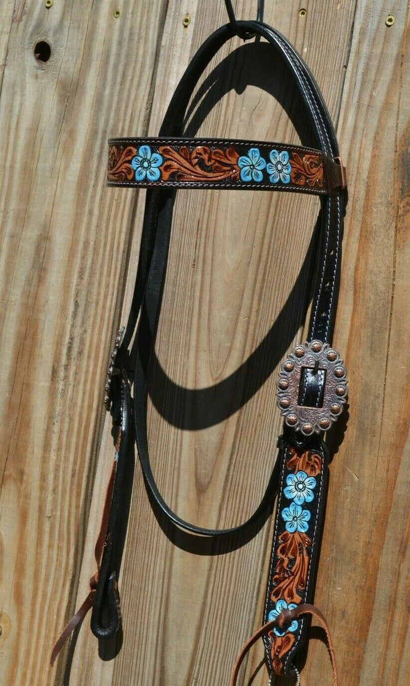 Circle Y of Yoakum -  2021 Hand Painted Blue Flower Browband Headstall.   Headstall is walnut with vintage background.    Horse sized, the crown measures 44" from bit end to bit end on the longest setting and adjustment to make up to 8" shorter.   