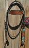 Circle Y of Yoakum -  2021 Hand Painted Metallic Flower and Leaves Browband Headstall.   Headstall is walnut with vintage background.    Horse sized, the crown measures 44" from bit end to bit end on the longest setting and adjustment to make up to 8" shorter.   
