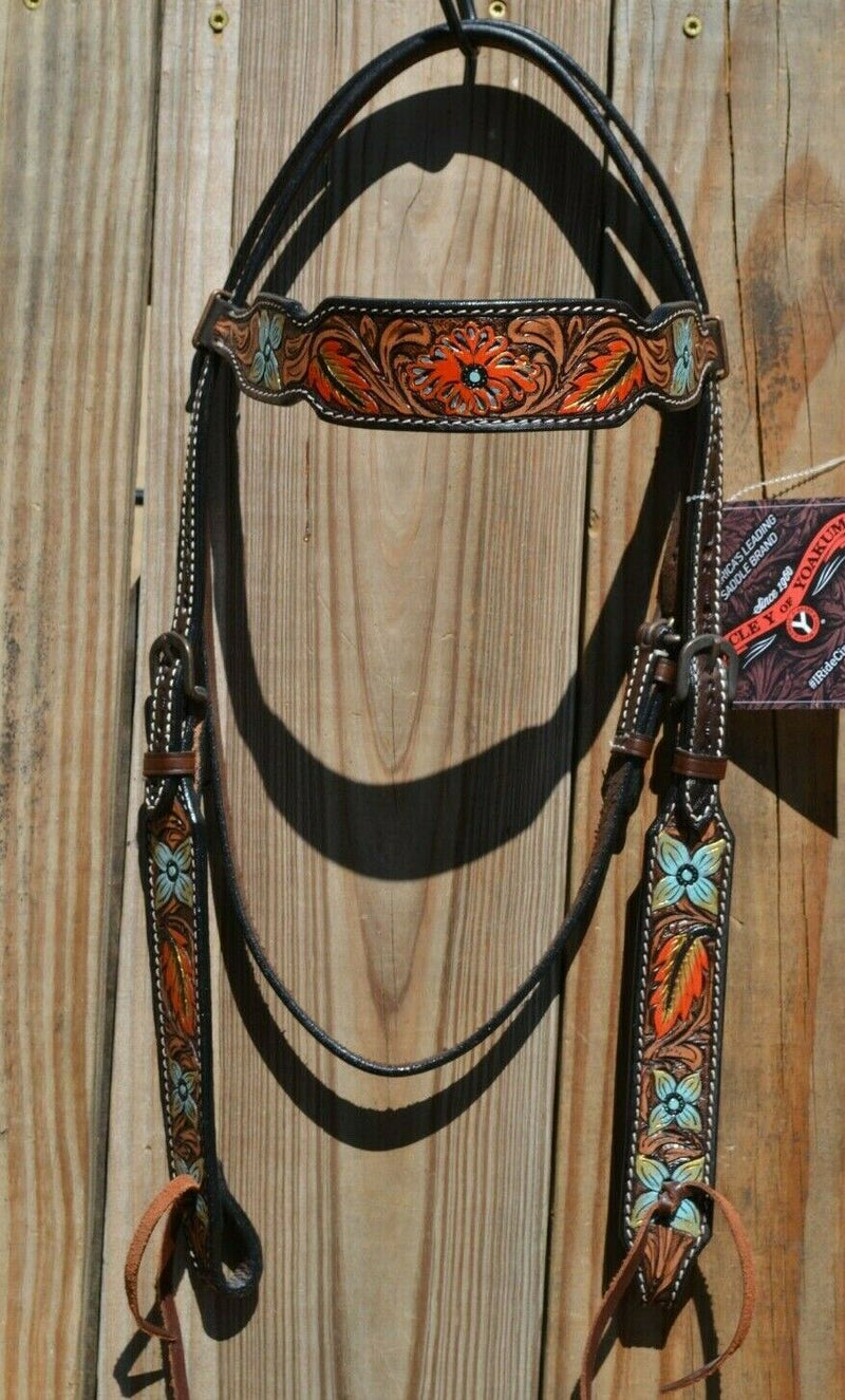 Circle Y of Yoakum -  2021 Hand Painted Metallic Flower and Leaves Browband Headstall.   Headstall is walnut with vintage background.    Horse sized, the crown measures 44" from bit end to bit end on the longest setting and adjustment to make up to 8" shorter.   