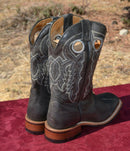 Rear View Boulet Men's Western Cowboy Boots, Square Toe, Stockman Heel, Rubber Sole.  Charcoal grey color with multi-color stitching and distressed grey leather foot.   11" High, Men's Size - 8 E. 
